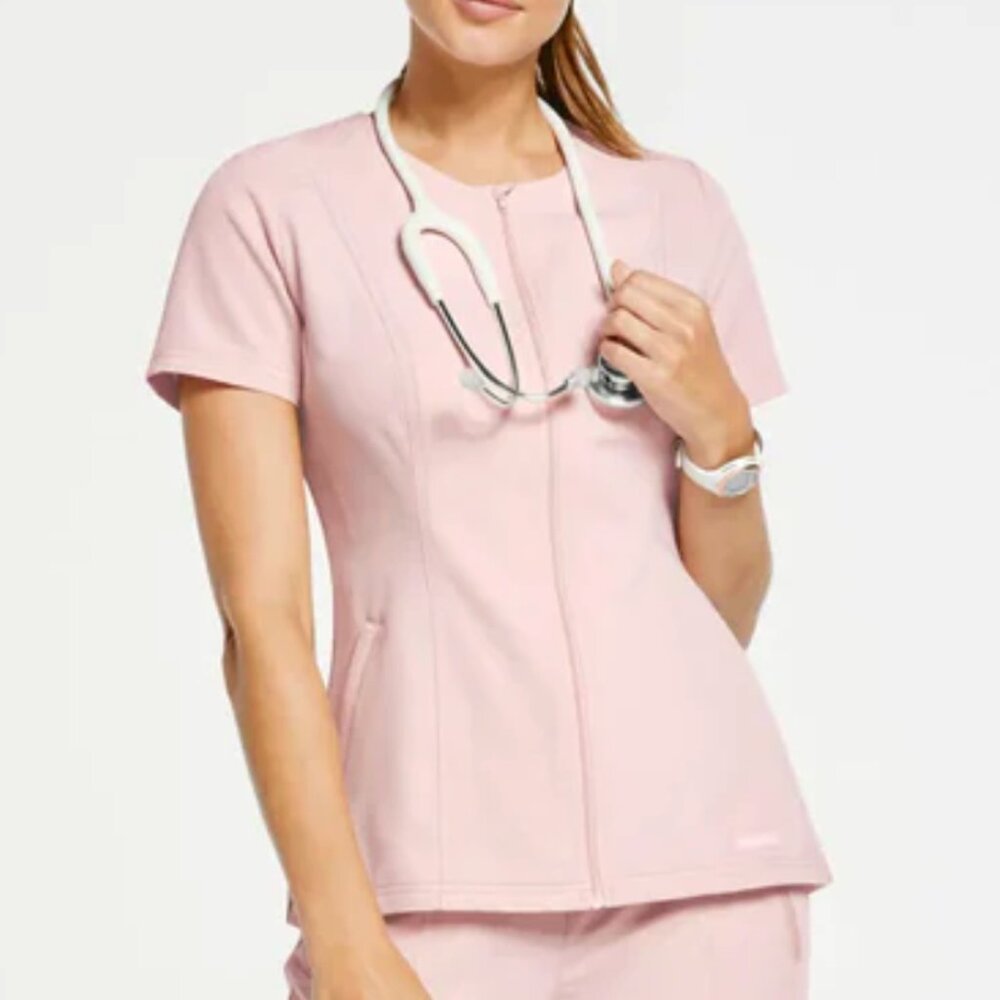 Jaanuu Blushing Pink Fit and Flared Scrub Top and Adjustable Zip Ankle Joggers M